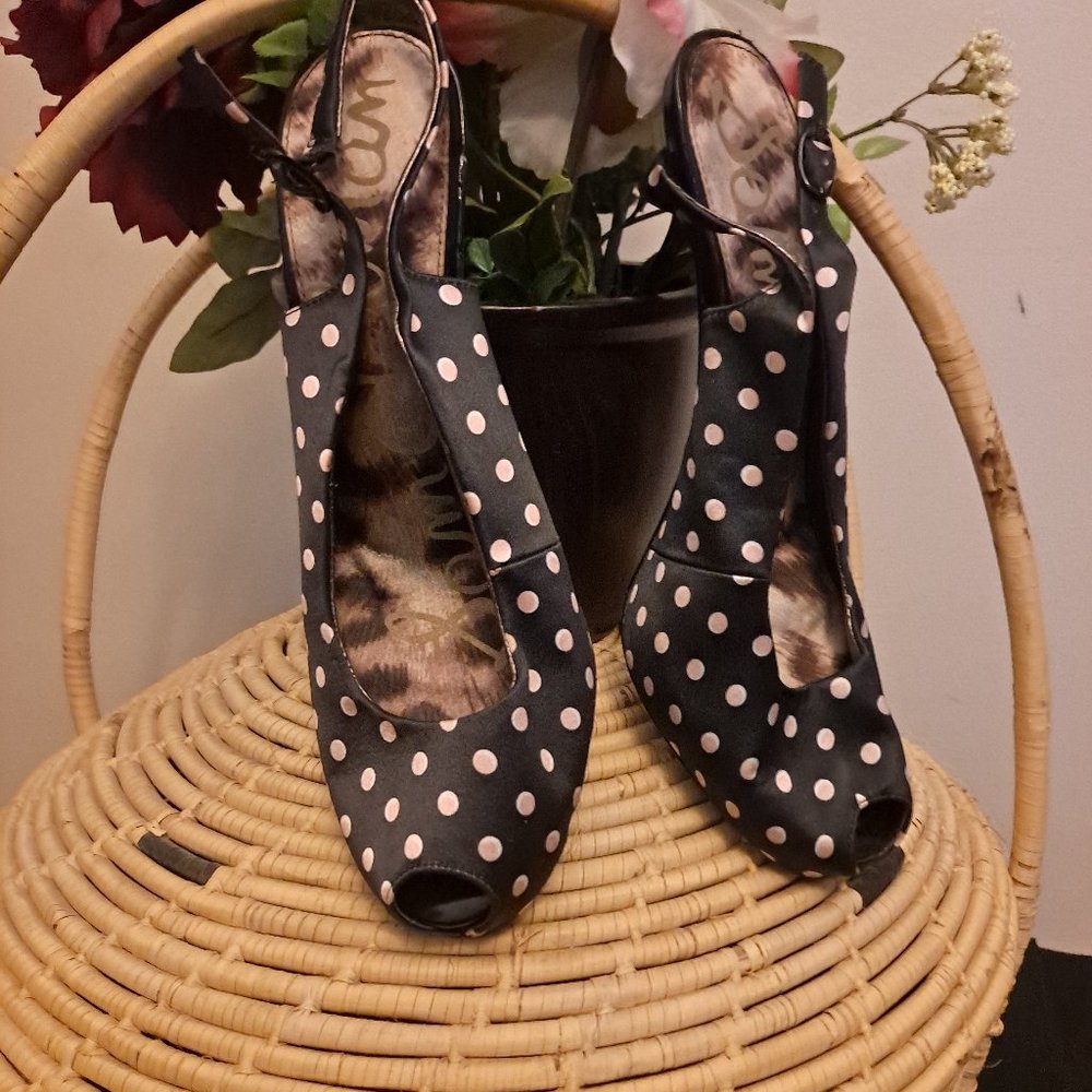 Sam Edelman Black & Pink Polka Dot (Satin) Pumps, Size 8.5